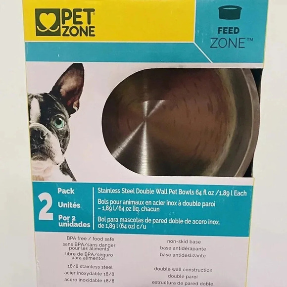 Pet Zone Other - Pet Zone Non-Skid Stainless Steel Double Wall Feed Bowls 64 fl oz each (2 pack)